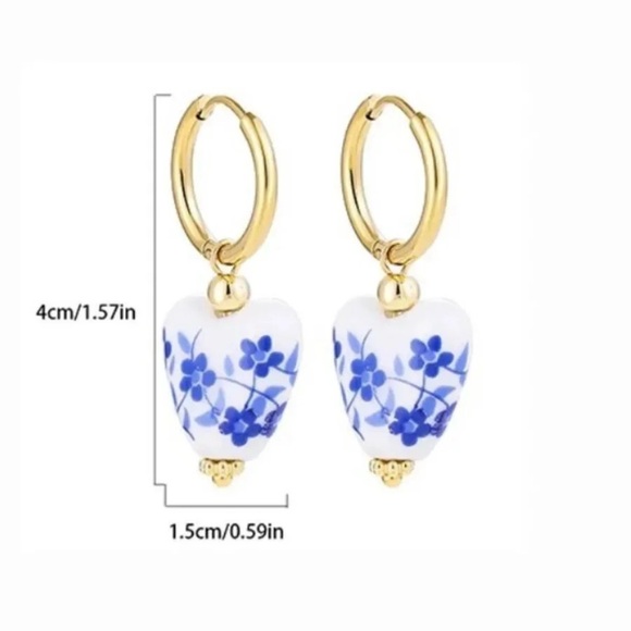 Anthropologie Porcelain Portofino Heart Stainless Steel Pearl Earrings - Picture 4 of 9